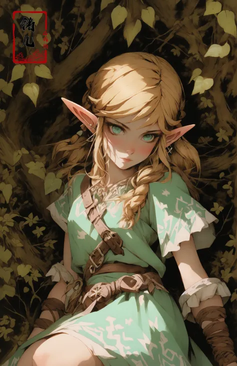 legend of zelda link between forest and ice, in the style of romantic illustrations, goblin academia, green and bronze, romantic...