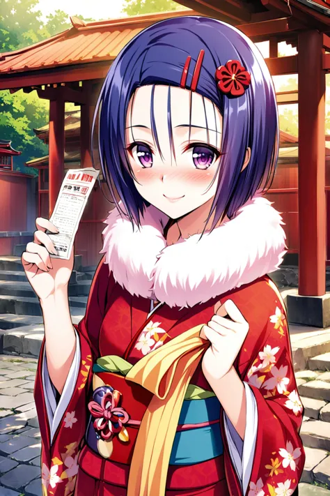 1girl,haruna sairenji,solo,japanese clothes,smile,hair ornament,kimono,blush,sash,obi,looking at viewer,omikuji,purple eyes,shor...