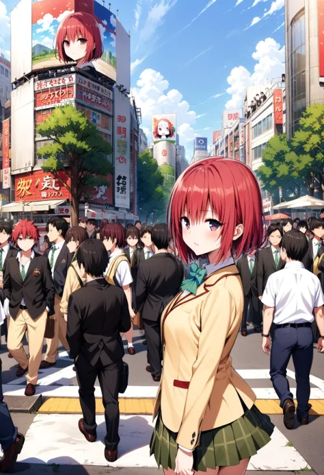 1girl, solo,red hair,short hair,,   shibuyaSK, outdoors, day,6+others, scenery,  crowd,cowboy shot, looking at viewer,, masterpiece, best quality,Highly detailed,