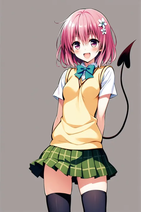 1girl,momo velia deviluke,solo,tail,thighhighs,pink hair,school uniform,smile,skirt,hair flower,open mouth,hair ornament,demon t...