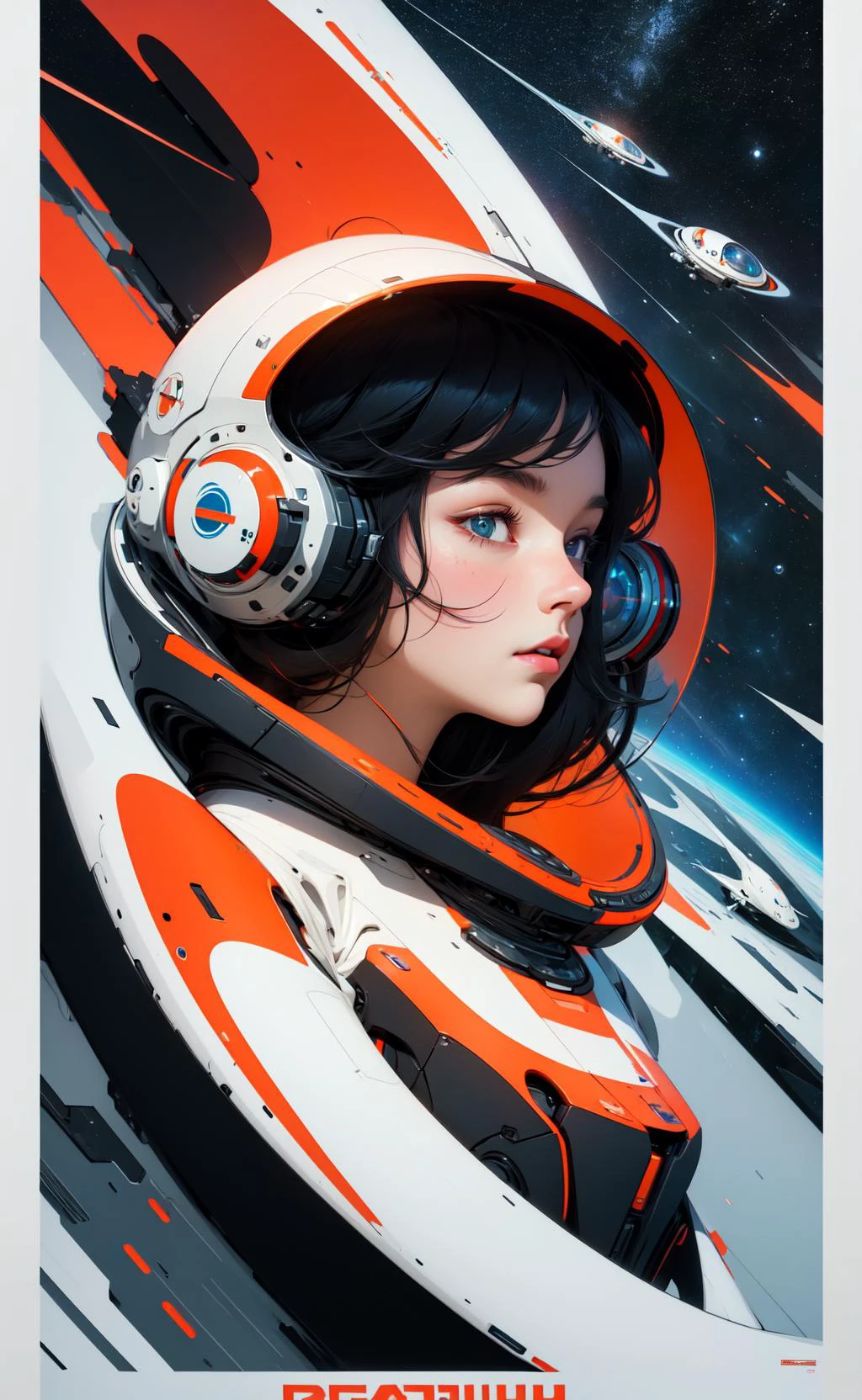 шедевр, Лучшее качество, 1 девушка, постер космического триллера, Баухаус, формы, линии, абстрактный 