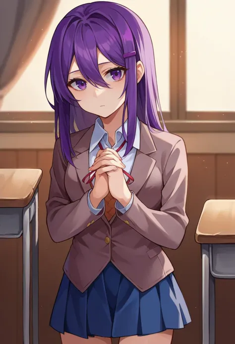 anime girl with purple hair and glasses standing in front of a desk