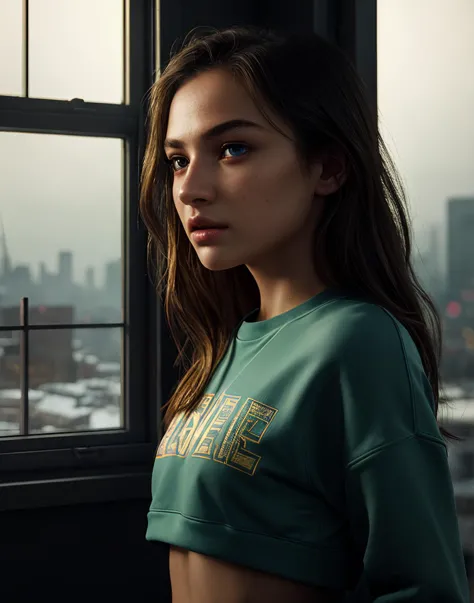 (((masterpiece))),(((best quality))), highly detailed, (1girl), Detailed face. Perfect eyes, highly detailed beautiful expressive eyes, detailed eyes.  standing in front of a window, wearing track pants and cropped sweatshirt, side profile, raining outside, detailed water, city lights reflecting off the window, dusk, dynamic lighting, shadows, 35mm photograph, film, bokeh, professional, 4k, highly detailed dynamic lighting, photorealistic, 8k, raw, rich, intricate details, key visual, vivid colors