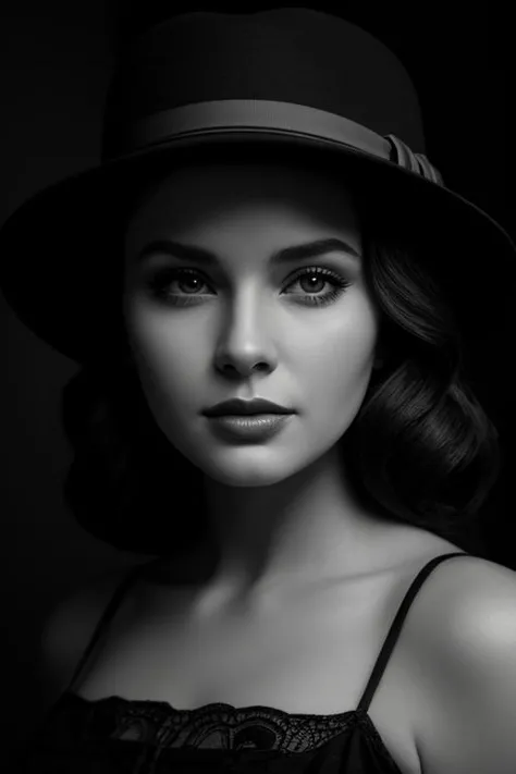 (beautiful woman),[film noir], [full-body shot], [black and white photo], [vintage], [fedora hat],[chiaroscuro lighting], [thriller], (beautiful perfect face),[detailed],[perfect human anatomy],[professional photography],[posing],[cinematic],[40s],[very old elegant clothes]