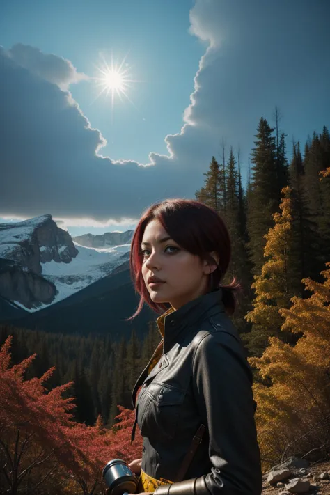 arafed woman in a leather jacket standing in front of a mountain