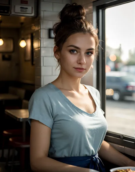 Waitress serving food in a small diner, loose shirt, apron, beautiful expressive eyes, detailed eyes, hair in a messy bun, happy, lingering sensual gaze. dynamic lighting, photorealistic, 8k, natural lighting, intricate details, key visual, atmospheric lighting, 35mm photograph, bokeh, professional. POV perspective.