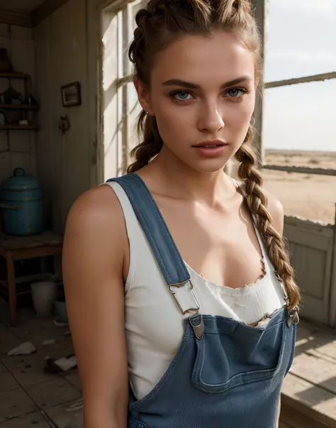 Beautiful female model. Highly detailed face. Seducing detailed expressive eyes. (Wearing only overalls and a ripped torn tank top:1.2). Perfect perky breasts. Dutch Braid Pompadour hair. Old House. Desolate landscape. Dustbowl. Bright sunny day. 8k, RAW photo, best quality, depth of field, ultra high resolution. 35mm photograph, film, professional quality, highly detailed dynamic lighting, photorealistic.