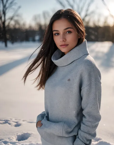 a woman standing in the snow wearing a gray sweater