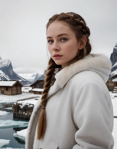 (medium full shot) of (gorgeous young female:1.1). Ice Age female standing. Pale skin, petite, Swedish ancestor. Braided hair. Looking away from viewer. Wearing oversized  fur jacket. Cave woman.  Perfect eyes, highly detailed beautiful expressive eyes, detailed eyes. Vast open view in the background, (snowy plains. glaciers, and tribal village:1.2). Cold, freeze, frozen tundra, mist, fog. 35mm photograph, film, professional, photorealistic, 8k, realistic.