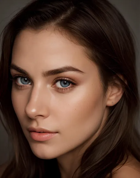 a close up of a woman with long hair and blue eyes