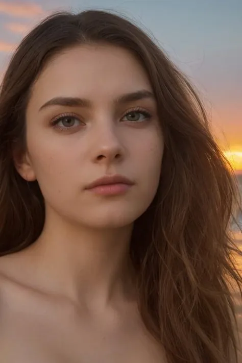 a close up of a woman with long hair on a beach