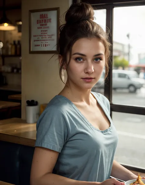 Waitress serving food in a small diner, loose shirt, apron, beautiful expressive eyes, detailed eyes, hair in a messy bun, happy, lingering sensual gaze. dynamic lighting, photorealistic, 8k, natural lighting, intricate details, key visual, atmospheric lighting, 35mm photograph, bokeh, professional. POV perspective.