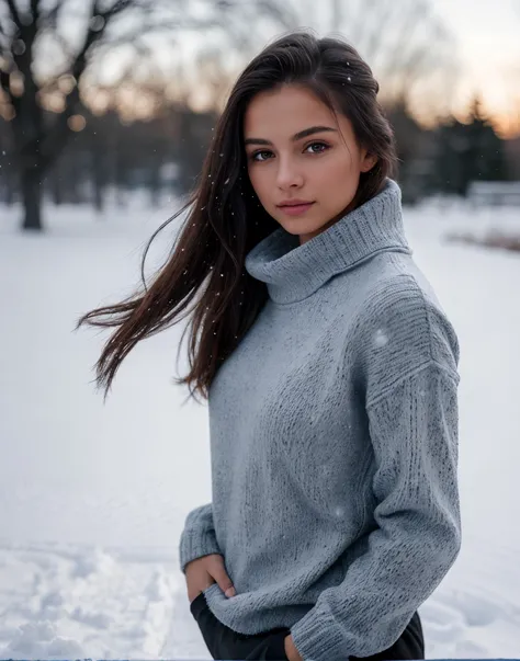 a woman in a gray sweater standing in the snow