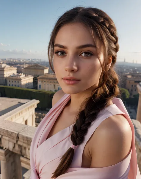 Upper Body Photo. 1female. In a (revealing pink and white toga). Striking features. Beautiful and elegant. Perfect eyes, highly detailed beautiful expressive eyes, vivid color. Half-Up Side Braid. vast open view of Rome in the background.  (8k, RAW photo, best quality, depth of field, ultra high res:1.2), (intricate, photorealistic, masterpiece, ultra-detailed), dynamic lighting.