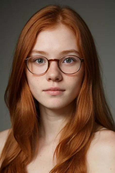 a close up of a woman with glasses and a red hair