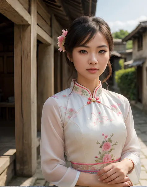 Upper Body Photo. Cute beautiful female. Standing in an old traditional village.  Wearing pink cheongsam. Wispy Two-Tier Straight Hairstyle. Hair ornament. Light makeup. (detailed face, perfect face, perfect eyes, realistic eyes, expressive eyes). Looking at viewer. Outdoors. Perfect eyes, highly detailed beautiful expressive eyes, detailed eyes. Bright sunny day. (8k, RAW photo, best quality, depth of field, ultra high res:1.2), (intricate, photorealistic, masterpiece, ultra-detailed), dynamic lighting.