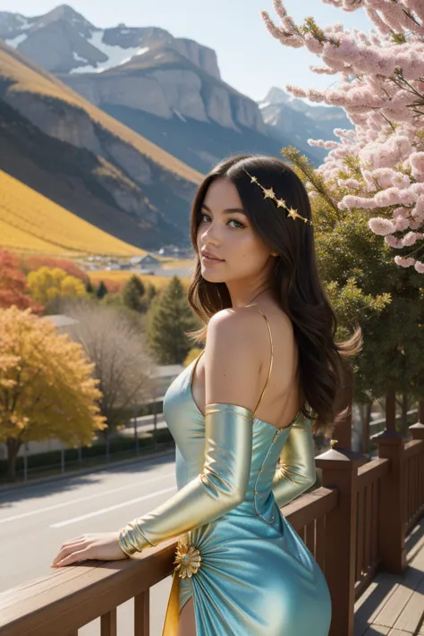 a woman in a blue dress standing on a balcony next to a mountain