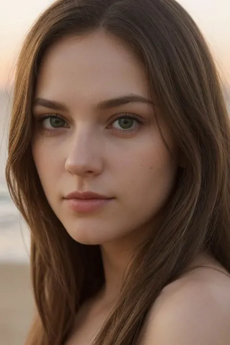 a close up of a woman with long hair on a beach