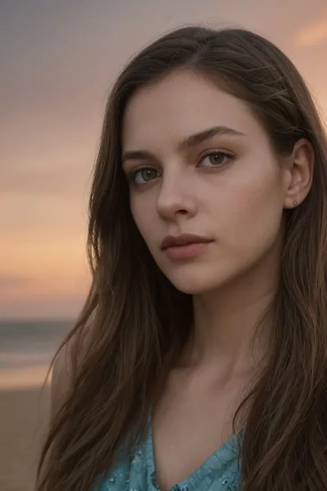 a woman with long hair standing on a beach next to the ocean