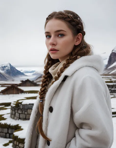 (medium full shot) of (gorgeous young female:1.1). Ice Age female standing. Pale skin, petite, Swedish ancestor. Braided hair. Looking away from viewer. Wearing oversized  fur jacket. Cave woman.  Perfect eyes, highly detailed beautiful expressive eyes, detailed eyes. Vast open view in the background, (snowy plains. glaciers, and tribal village:1.2). Cold, freeze, frozen tundra, mist, fog. 35mm photograph, film, professional, photorealistic, 8k, realistic.