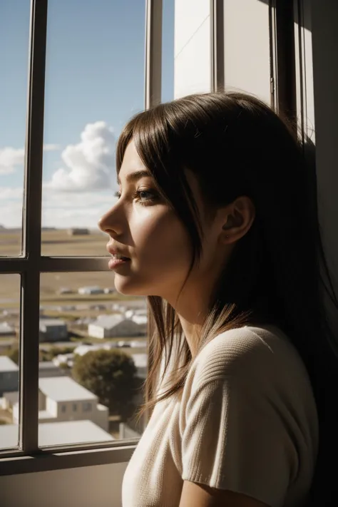 a woman looking out a window at a city and a sky