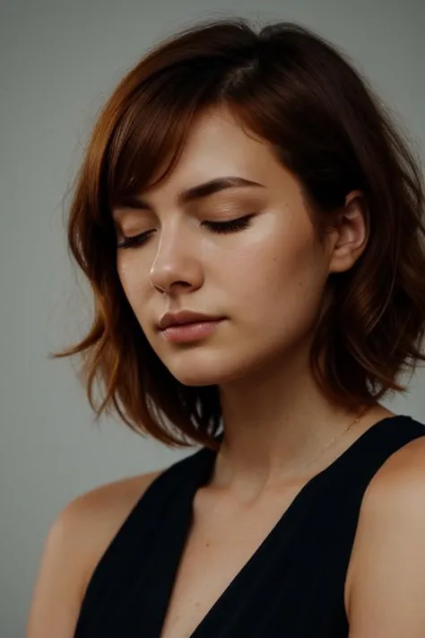 [face closeup],closed eyes,beautiful girl,(golden skin),redhead,short hair,[curly bob cut],dark theme, [detailed skin], empty background,[4k],[full hd],[posing],[sharp image],[high quality],[detailed],[dramatic lighting],[dslr],[professional photographer]