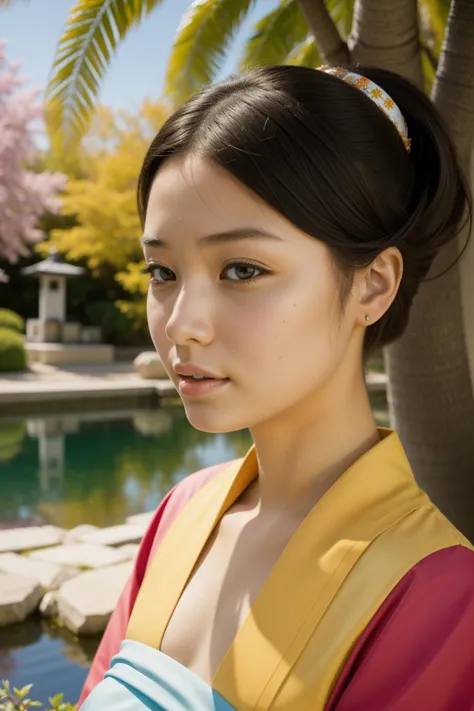 a close up of a woman in a kimono with a pond in the background