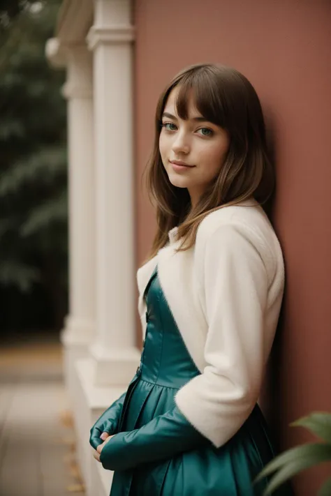 a woman in a green dress and white jacket leaning against a wall