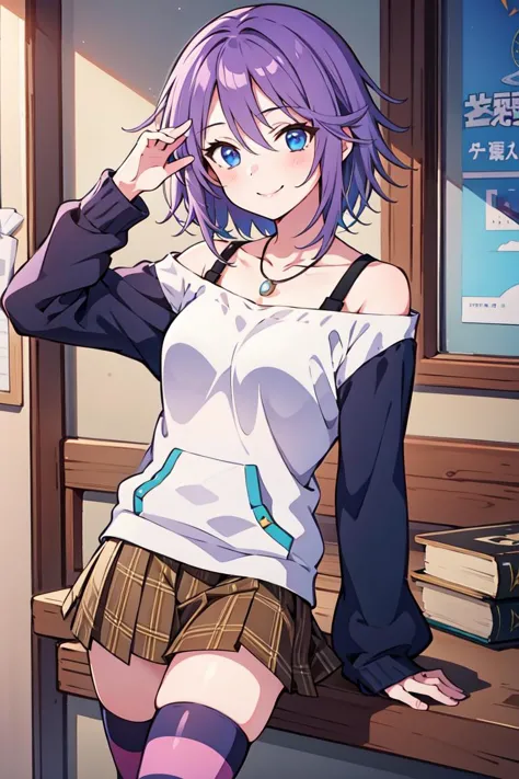 Mizore Shirayuki, 1girl, short hair, purple hair, blue eyes, shirt, long sleeves, off shoulder, striped thighhighs, skirt, necklace, looking at viewer, smile, <lora:MizoreX13:0.85>