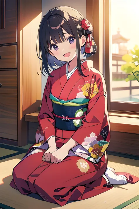 anime girl in kimono outfit sitting on floor in front of window