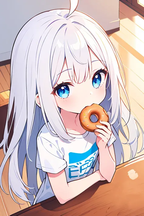 anime girl eating a donut with a smile on her face