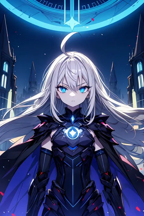 1girl,solo, white hair, ahoge, absurdly long hair, blue eyes, flat chest, expressionless, half-closed eyes, pale skin, witch outfit, ruins, blue magic, futuristic, armored, glow, cold attitude, technology, energy, night, energy particles, evil, villain, dark, cape, portal, movie poster,  castle, <lora:add_detail:1>,  <lora:r1ge - AnimeRage:0.3>