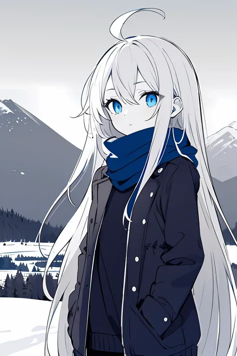 masterpiece, best quality, highly detailed, 1girl, solo, (grayscale:1.2), absurdly long hair, ahoge, white hair, flat chest, notebook, mountains, snow, expressionless, blue eyes, winter clothes, (sketch:1.2), scarf
