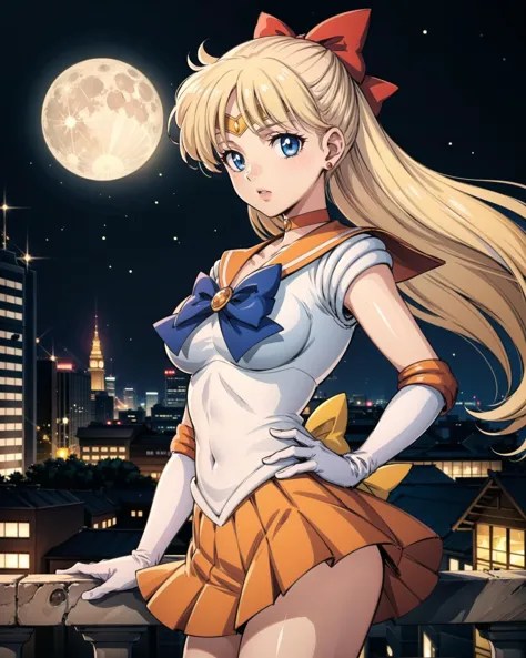 sv1, sailor senshi uniform, orange skirt, elbow gloves, tiara, pleated skirt, miniskirt, red bow, orange choker, white gloves, jewelry, <lora:sailor_venus_v2:0.7>, city, night, moon, cowboy shot, standing, <lora:add_detail:0.65>, masterpiece, best quality, perfect composition,