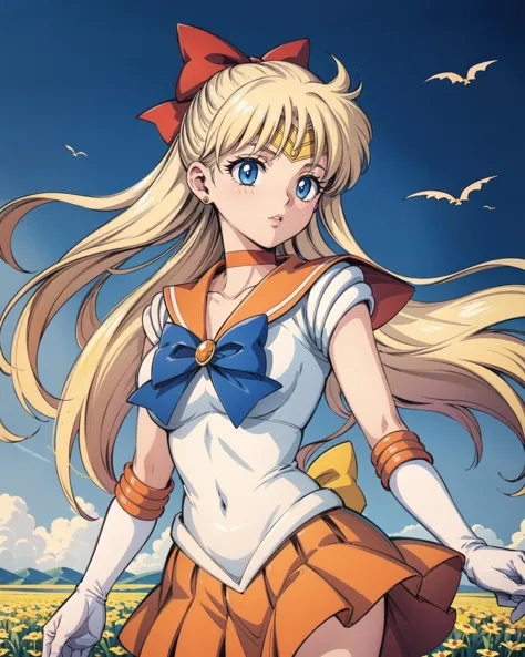 highres, sv1, sailor senshi uniform, orange skirt, elbow gloves, tiara, orange sailor collar, red bow, orange choker, white gloves, jewelry, cowboy shot, senset, wind, field, (1990s \(style\):0.9),masterpiece, best quality, perfect composition,