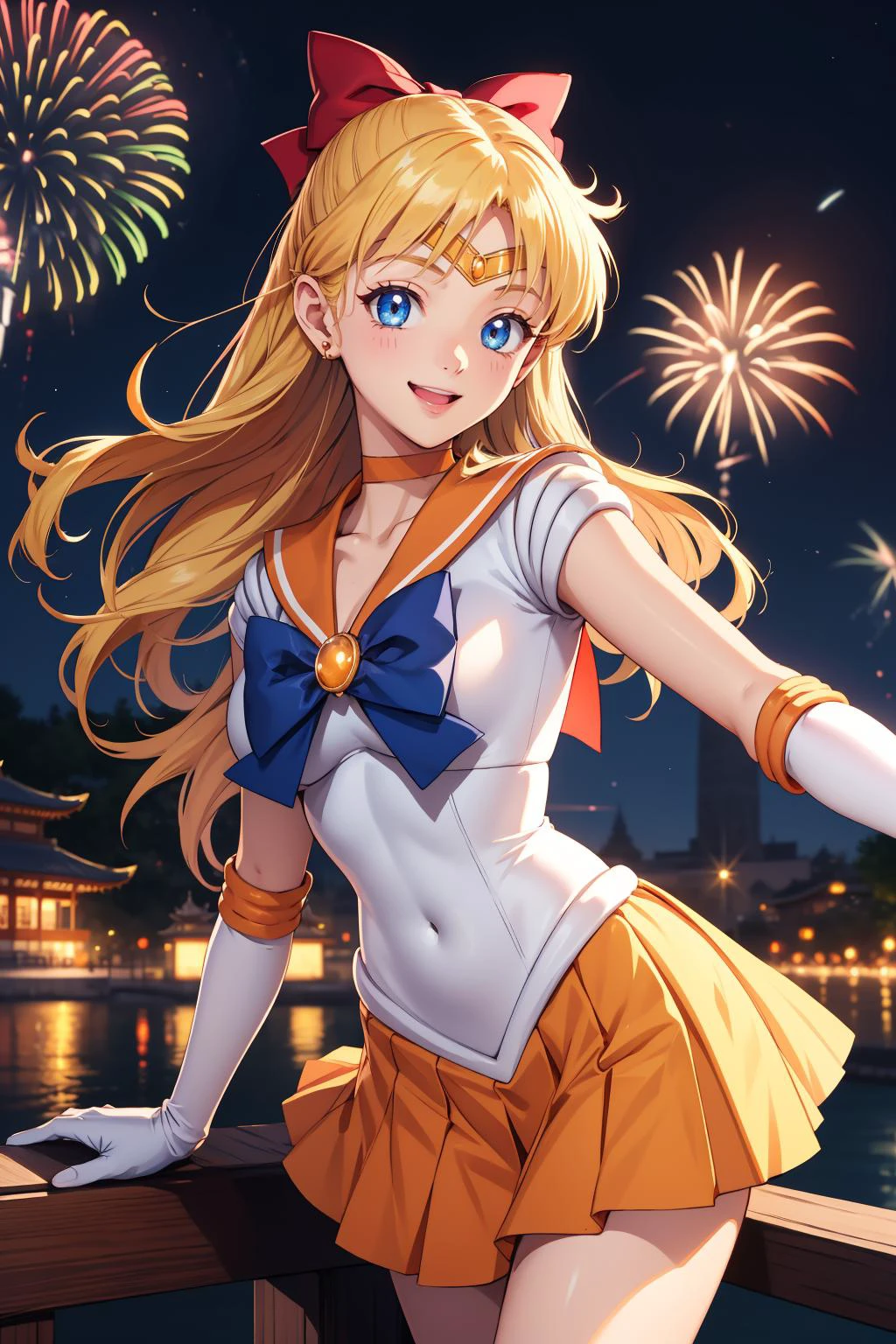 masterpiece, best quality, highres, absurdres, ultra detailed, pretty eyes, perfect pussy
sv1, sailor senshi uniform, orange skirt, elbow gloves, tiara, orange sailor collar, red bow, orange choker, white gloves, jewelry
smile, happy, excited
outside, temple, night fireworks in background
 