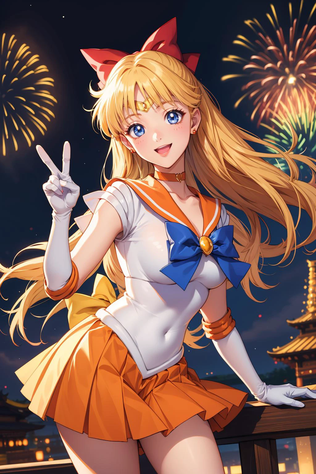 masterpiece, best quality, highres, absurdres, ultra detailed, pretty eyes, perfect pussy
sv1, sailor senshi uniform, orange skirt, elbow gloves, tiara, orange sailor collar, red bow, orange choker, white gloves, jewelry
smile, happy, excited, 2 hand peace sign
outside, temple, night fireworks in background
 