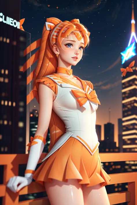 <lora:sailorVenusSailor_v10:1>,  (venus1:1.8), aino minako, sailor senshi uniform, (sailor venus:1.8), ulzzang-6500-v1.1, pureerosface_v1, best quality, masterpiece, illustration, (realistic, photo-realistic:1.37), amazing, finely detail, incredibly absurdres, huge filesize, ultra-detailed, highres, extremely detailed CG unity 8k wallpaper, beautiful detailed girl, extremely detailed eyes and face, beautiful detailed eyes, ray tracing , 1girl, (blonde hair), very long hair, hair bow, red bow tie on top of head, magical girl, blue eyes, blue bow on the chest, orange skirt, elbow gloves, tiara, pleated skirt, orange sailor collar, miniskirt, choker, orange choker, white gloves, jewelry, earrings, sweat, skindentation, detailed fingers, heavy breathing, (blush), torogao, orgasm, embarrassed, drunk, fucked silly, naughty face, ultrawide shot, city skyline, moonlit clouds, starry sky, gleaming skyscrapers, twinkling lights, shimmering reflections, glass facade, panoramic view, neon signs, illuminated rooftop structures,