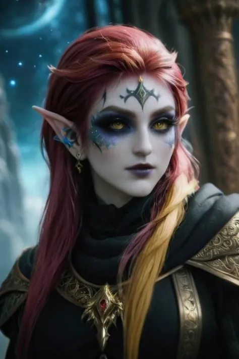 gldnorderxl, radagon of the golden order, glowing effects (gothic elf  girl: 1.3), eyeliner, makeup, tattoos, multicolored hair, detailed background, nebula, intricate details, masterpiece, (perfect face: 1.2)  <lora:goldenorderxl-step00000408:1>