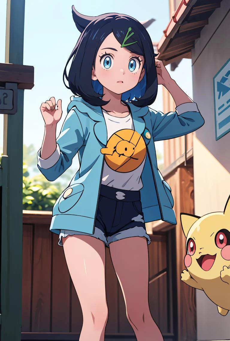 (masterpiece, best quality), 1girl,    liko (pokemon), blue hair, hair clip,  white shirt, hooded jacket, open jacket, denim shorts,