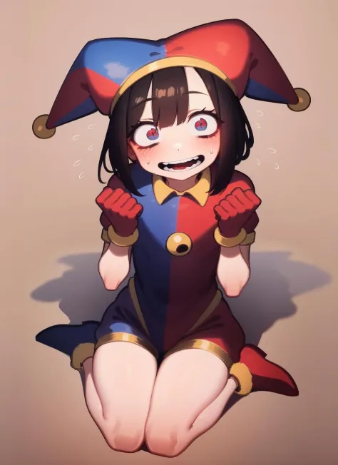 masterpiece, highest quality, best quality, 1girl, solo, looking at viewer, 
black hair, blue eyes, red eyes, blue footwear, red footwear, blue gloves, red gloves, gloves, flying sweatdrops, hat, hat bell, jester, jester cap, multicolored clothes, multicolored eyes, multicolored headwear, pomni (the amazing digital circus),  lozhkin, accurate teeth with gaps, smiling,  open mouth, 