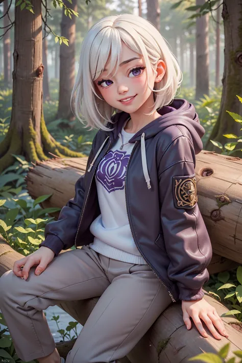 (high quality, best quality, masterpiece, grainy:1.2), girl wearing hood cape,white hair, purple eyes, half closed eyes, tilted head, slight grin, detailed face, sitting on log, jacket, forest, capri pants,