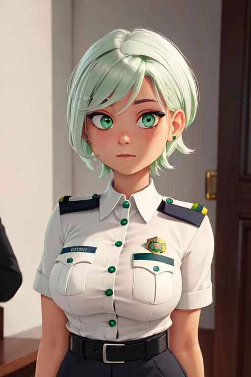 gwendolyn_tennyson, uniforme de policia, tonificado, oppai ,parte superior del cuerpo,  ojos verdes,pelo blanco, dark tan, retrato,