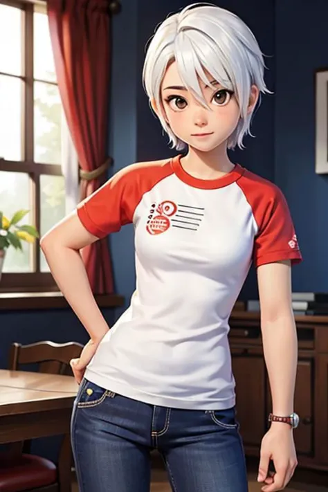 masterpiece, nice hands, best quality, 1girl, solo, ashley mizuki robbins, (raglan sleeves:1.1), white hair, short sleeves, teen...