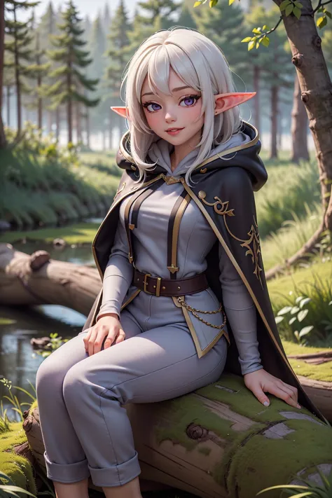 (high quality, best quality, masterpiece, grainy,high resolution, highly detailed:1.2), girl wearing, hooded cape,white hair, purple eyes, half closed eyes, tilted head, slight grin, detailed face, sitting on log, open expensive jacket, forest, capri pants, dynamic lighting, elf