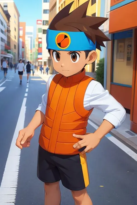 masterpiece, nice hands, best quality, 1boy, solo, Lan Hikari, brown hair, brown eyes, blue bandana, child, roller skates, stree...