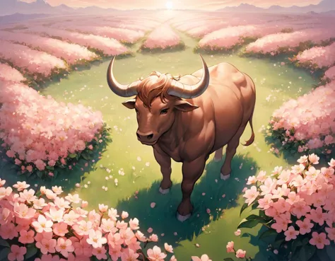 studio Painting, fantasy, angle from above of a Kindhearted Smart (Minotaur:1.1) , elegant, Peach flower field, best quality, broad lighting, Fujifilm Superia