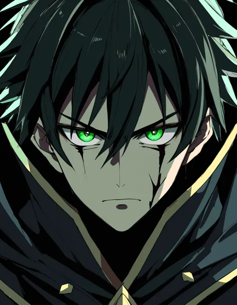 Close-up of (male anime character:1.3), (intense gaze:1.2), (dual-colored eyes:1.3) with one red and one green, spiky black hair...