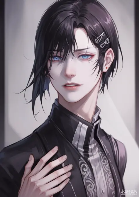 (raw photo:1.4), (photorealistic:1.3),(masterpiece), best quality, highest quality, extremely detailed CG unity 8k wallpaper, detailed and intricate, original,highres, \\ solo,extremely detailed_eyes, fingernails,medium,black hair,short hair,  hair,hairclip, male gothic vampire, piercing eyes, long highlighted hair lies on the shoulders,\\ beautifully detailed background,depth of field,(((Tokyo Ghoul))),jojo pose,Bouncing breasts,1boy,<lora:aki-000006:0.5>