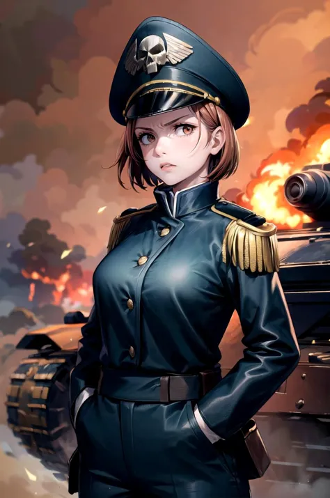 a woman in uniform standing next to a tank with flames in the background